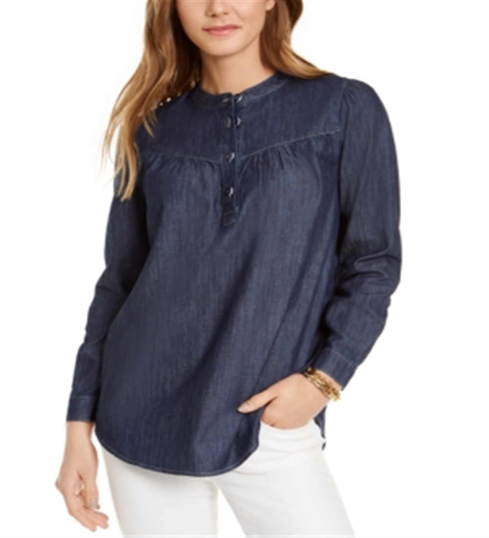 Tommy Hilfiger Women's Band Collar Top Blue Size Large