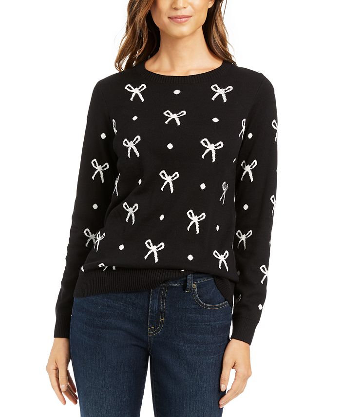 Charter Club Women's Bow Print Sweater Black Size Petite XL