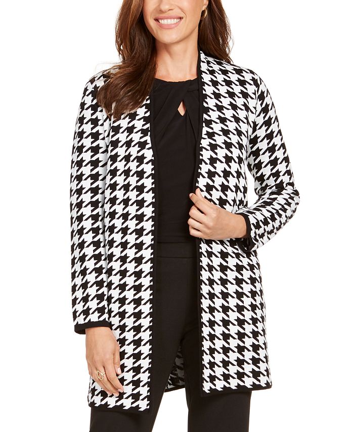 Kasper Women's Houndstooth Print Open Front Topper Jacket Black Size Medium