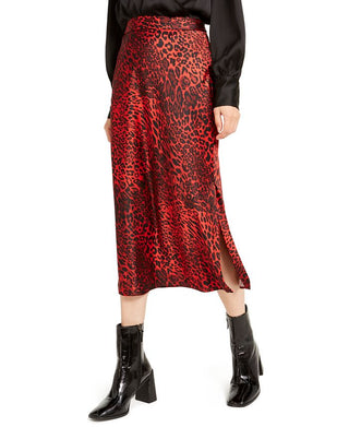 Bar III Women's Animal Print Below the Knee Pencil Skirt Red Size 12