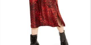 Bar III Women's Animal Print Below the Knee Pencil Skirt Red Size 12