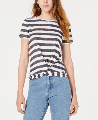 Bar III Women's Striped Twist Hem Top White Size Medium