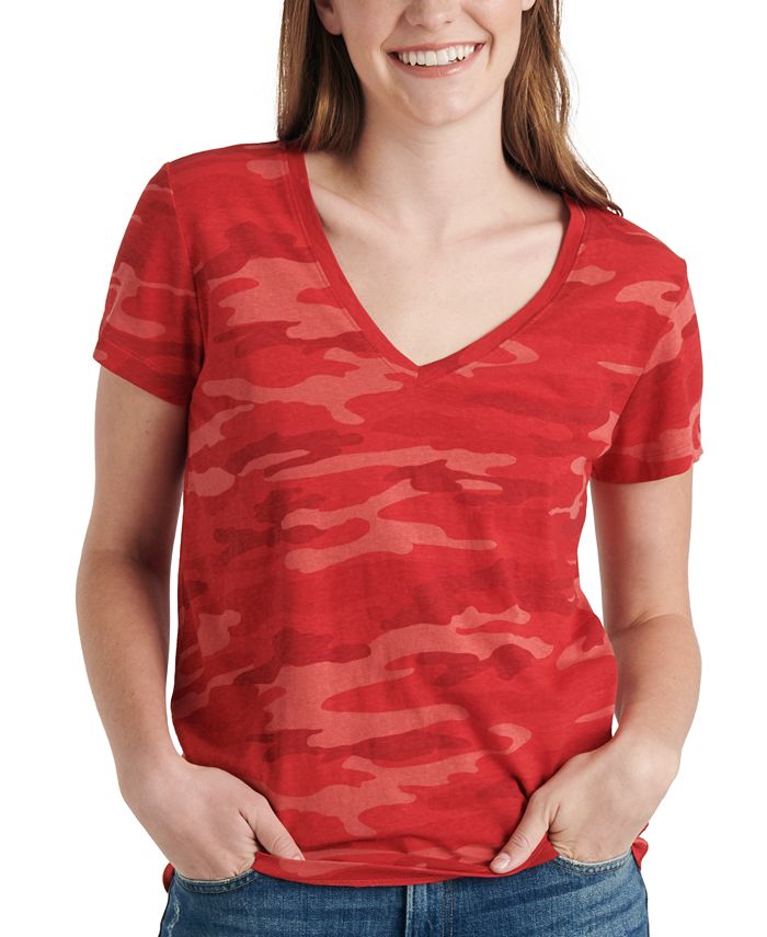 Lucky Brand Women's V Neck Printed Cotton T-Shirt Red Size Large