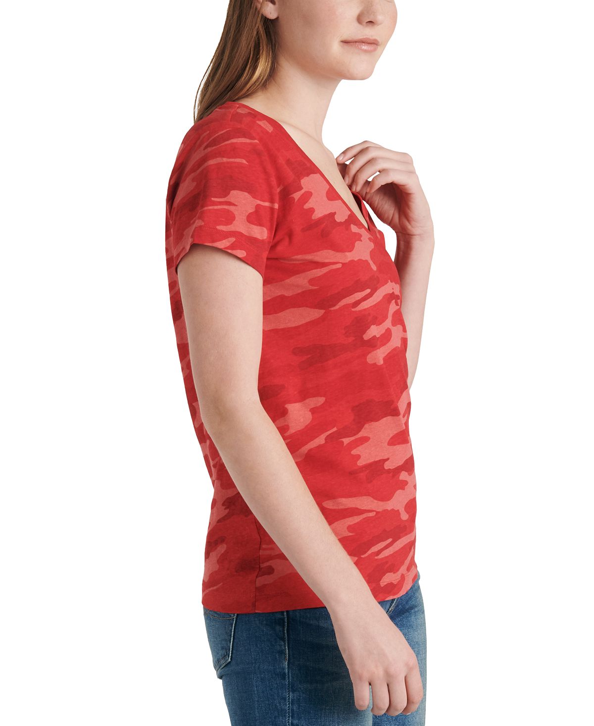 Lucky Brand Women's V Neck Printed Cotton T-Shirt Red Size Large