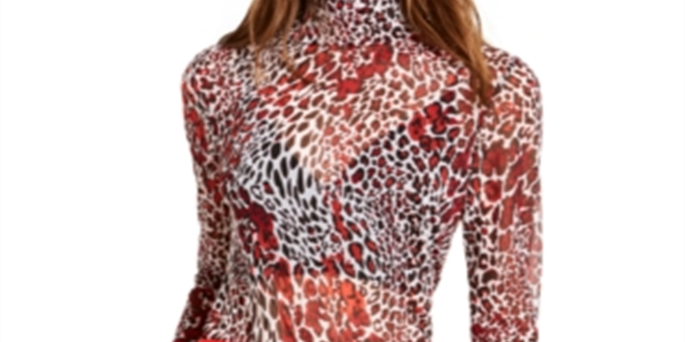 Bar III Women's Mockneck Animal Print Top Red Size Medium