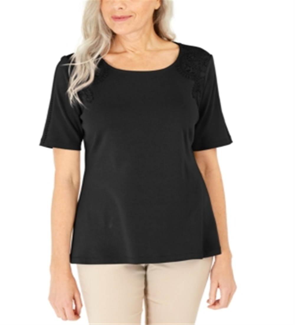 Karen Scott Women's Cotton Crochet Front Top Black Size Small