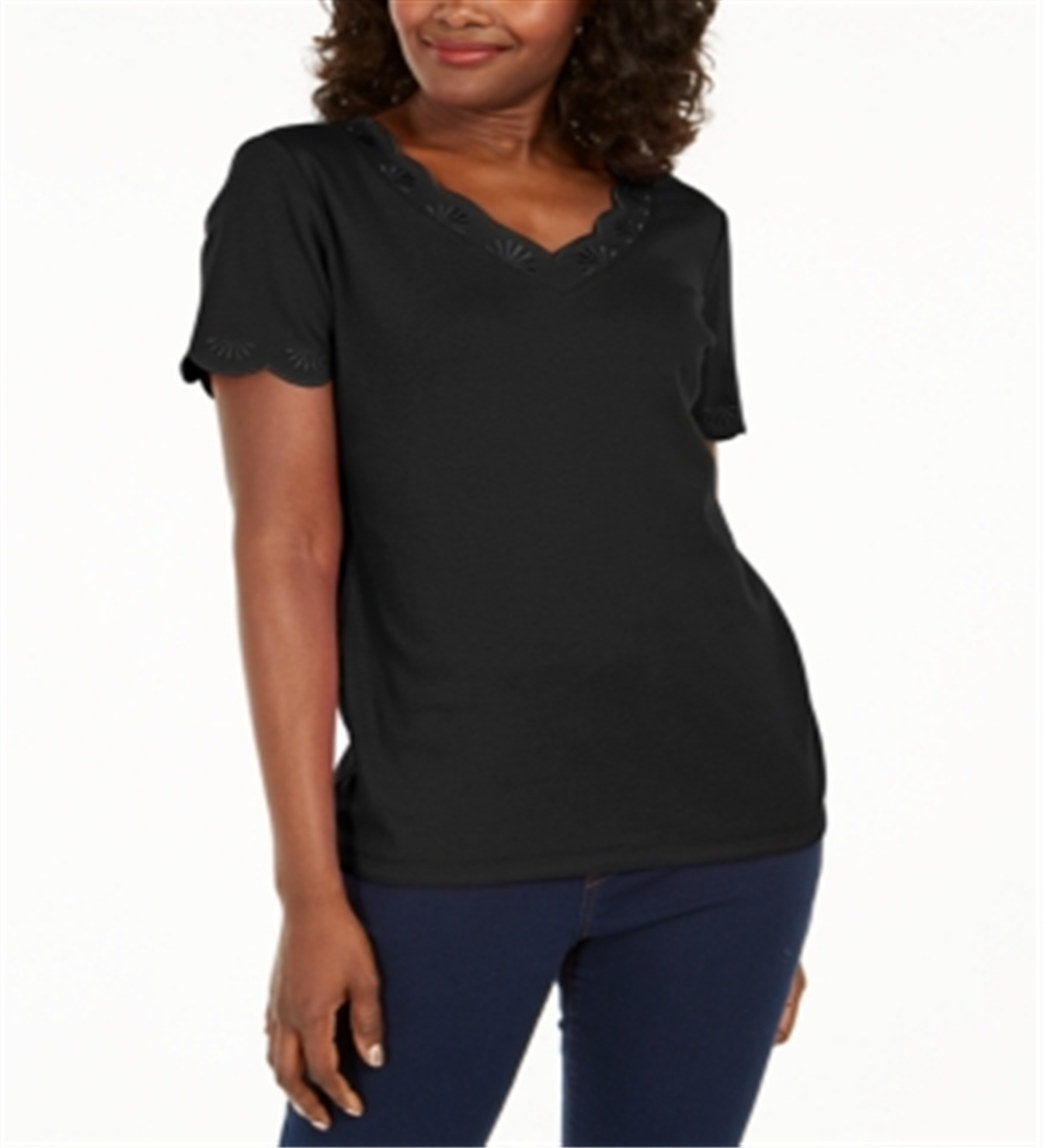 Karen Scott Cotton Scalloped V-Neck T-Shirt Black Size M