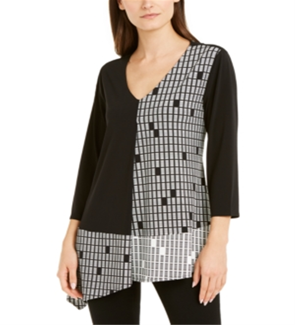 Alfani Women's Patterned 3/4 Sleeve V Neck Top Black Size Large