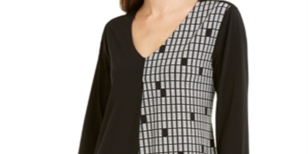 Alfani Women's Patterned 3/4 Sleeve V Neck Top Black Size Large