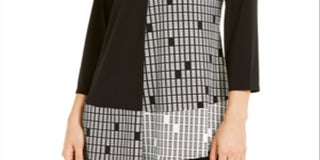 Alfani Women's Patterned 3/4 Sleeve V Neck Top Black Size Large