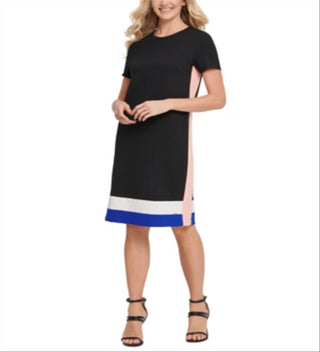 DKNY Women's Color Block Short Sleeve Jewel Neck Knee Length Shift Wear to Work Dress Black Size X-Large