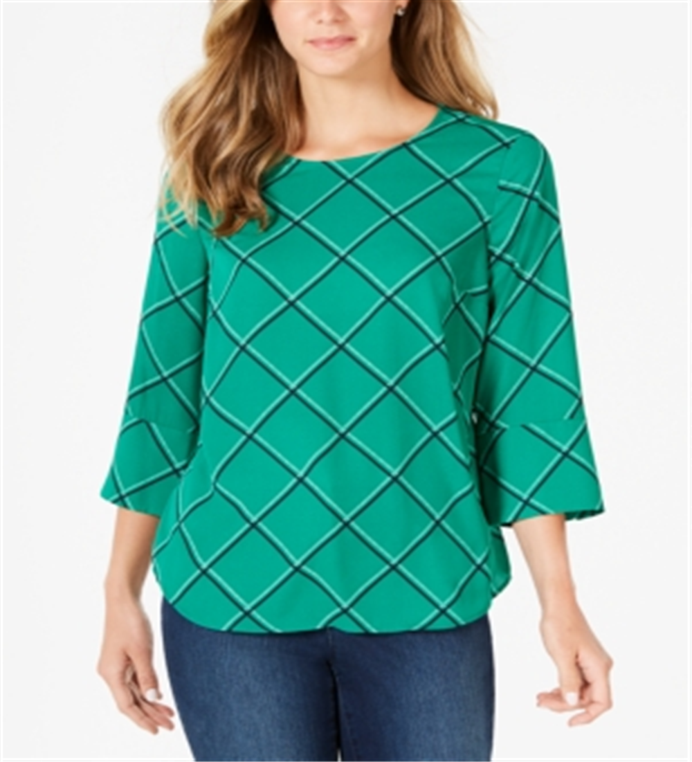 Charter Club Women's Printed 3/4 Sleeve Top Green Size Large
