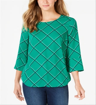 Charter Club Women's Printed 3/4 Sleeve Top Green Size Large