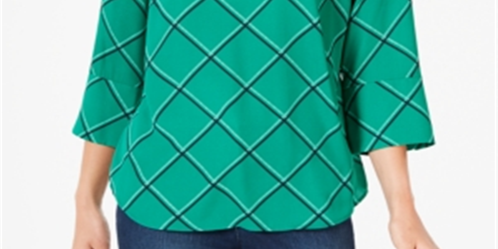 Charter Club Women's Printed 3/4 Sleeve Top Green Size Large