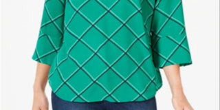Charter Club Women's Printed 3/4 Sleeve Top Green Size Large