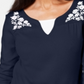 Karen Scott Women's Printed 3/4 Sleeve Jewel Neck T-Shirt Navy Size Petite L