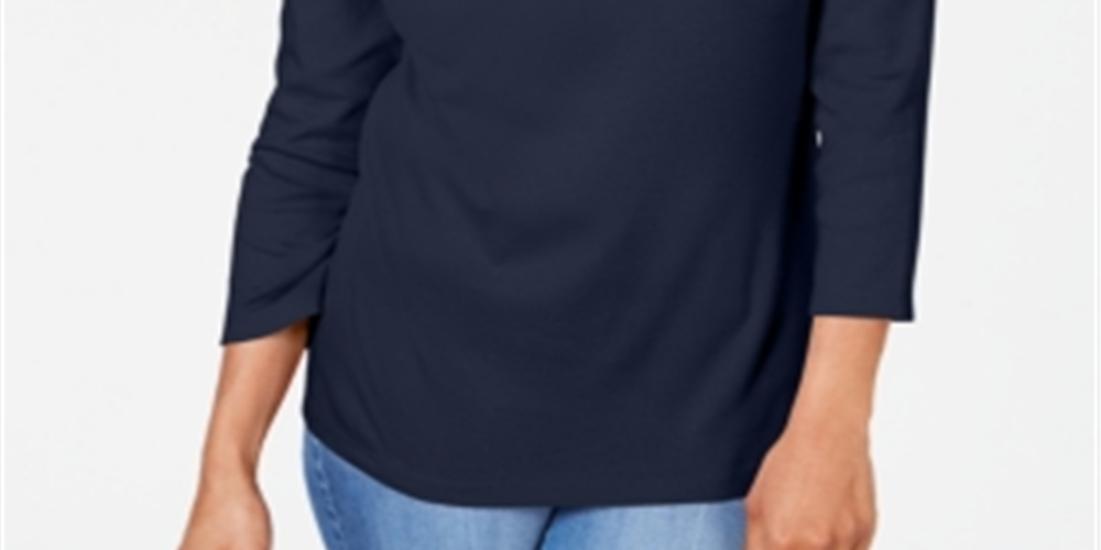 Karen Scott Women's Printed 3/4 Sleeve Jewel Neck T-Shirt Navy Size Petite L