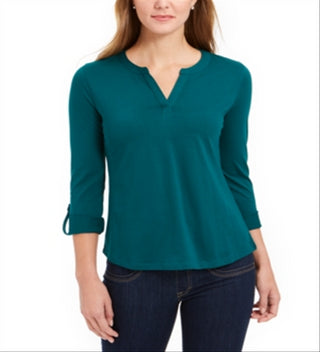 Charter Club Women's Supima Cotton Split Neck Top Green Size Medium