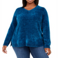 Karen Scott Women's V Neck Chenille Sweater Blue Size 0X