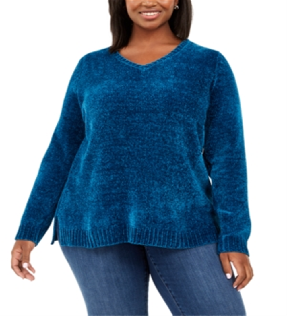Karen Scott Women's V Neck Chenille Sweater Blue Size 0X