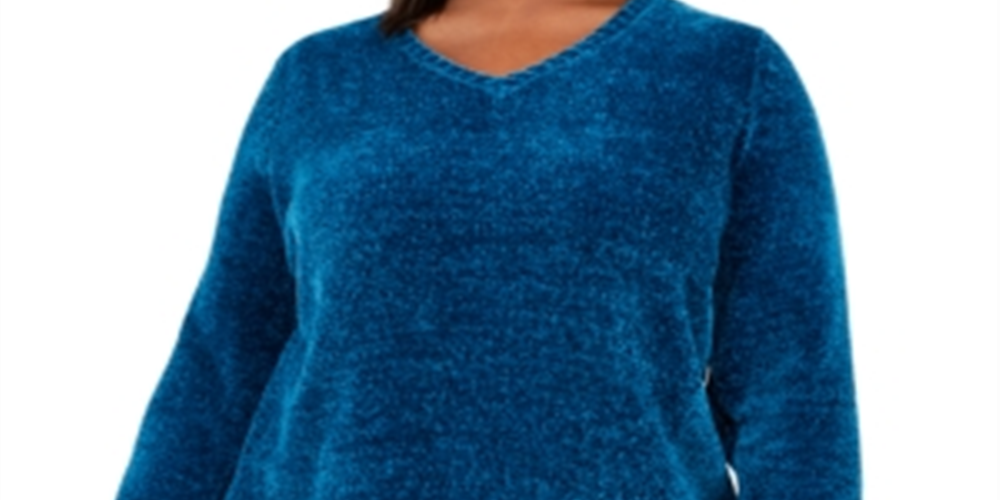 Karen Scott Women's V Neck Chenille Sweater Blue Size 0X