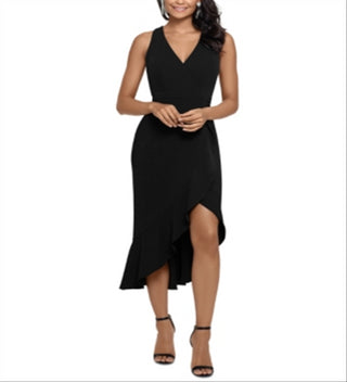 Xscape Women's Ruffled Fit & Flare MIDI Dress Black Size -13/14