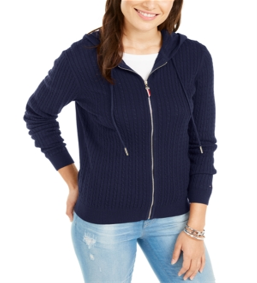 Tommy Hilfiger Women's Cotton Cable Knit Varsity Hoodie Blue Size M