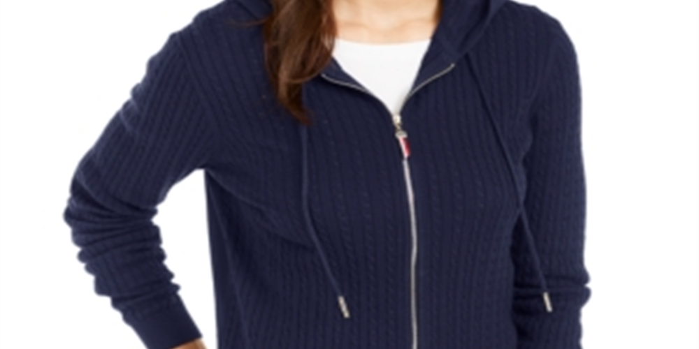 Tommy Hilfiger Women's Cotton Cable Knit Varsity Hoodie Blue Size M