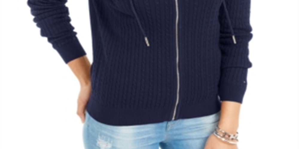 Tommy Hilfiger Women's Cotton Cable Knit Varsity Hoodie Blue Size M