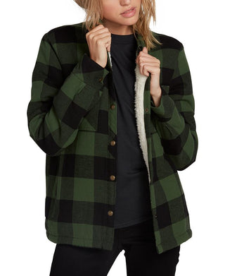 Volcom Women's Plaid About You Long Sleeve Shirt Green Size Large