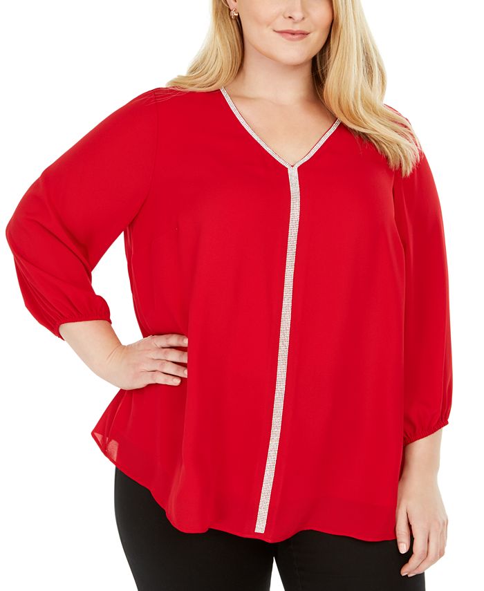 JM Collection Women's Glitter Stripe Top Red Size 0X