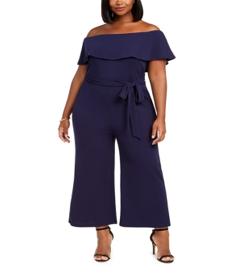 Almost Famous Women's Trendy Plus Off Shoulder Jumpsuit Blue Size 1X