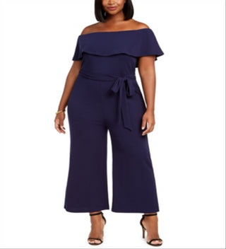 Almost Famous Women's Trendy Plus Off Shoulder Jumpsuit Blue Size 1X