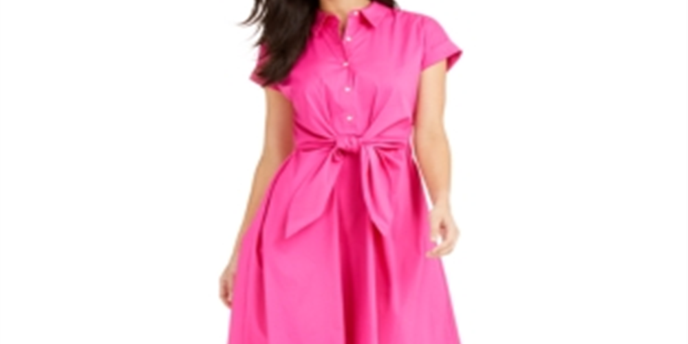 Charter Club Women's Cotton Tie Waist Fit & Flare Dress Pink Size 16