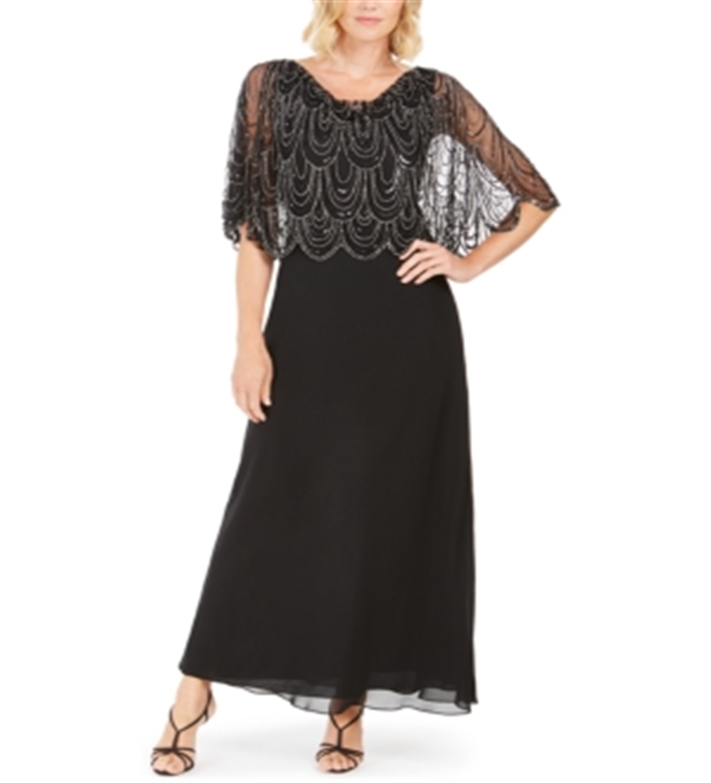 Jkara Womens Black Embellished Short Sleeve V Neck Maxi Evening Sheath Dress 6