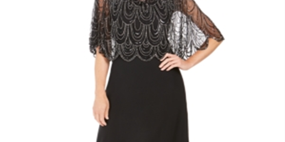 Jkara Womens Black Embellished Short Sleeve V Neck Maxi Evening Sheath Dress 6