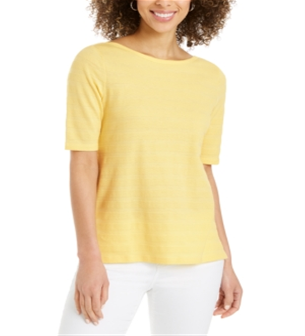 Charter Club Women's Cotton Texture Striped Elbow Sleeve Top Yellow Size X-Large