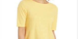 Charter Club Women's Cotton Texture Striped Elbow Sleeve Top Yellow Size X-Large