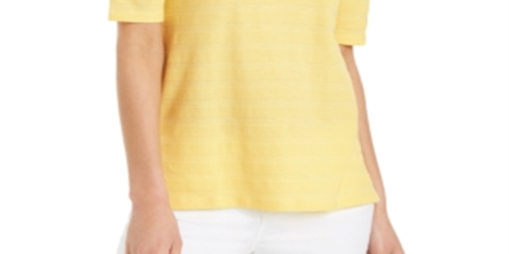 Charter Club Women's Cotton Texture Striped Elbow Sleeve Top Yellow Size X-Large