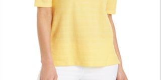 Charter Club Women's Cotton Texture Striped Elbow Sleeve Top Yellow Size X-Large