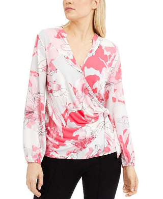 Alfani Women's Floral Print Surplice Top Pink Size -S
