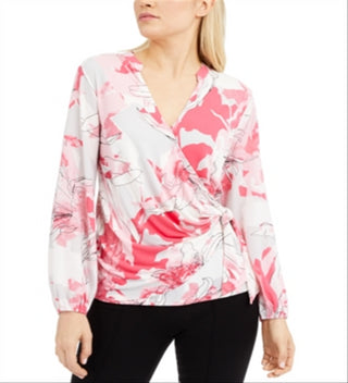 Alfani Women's Floral Print Surplice Top Pink Size -S