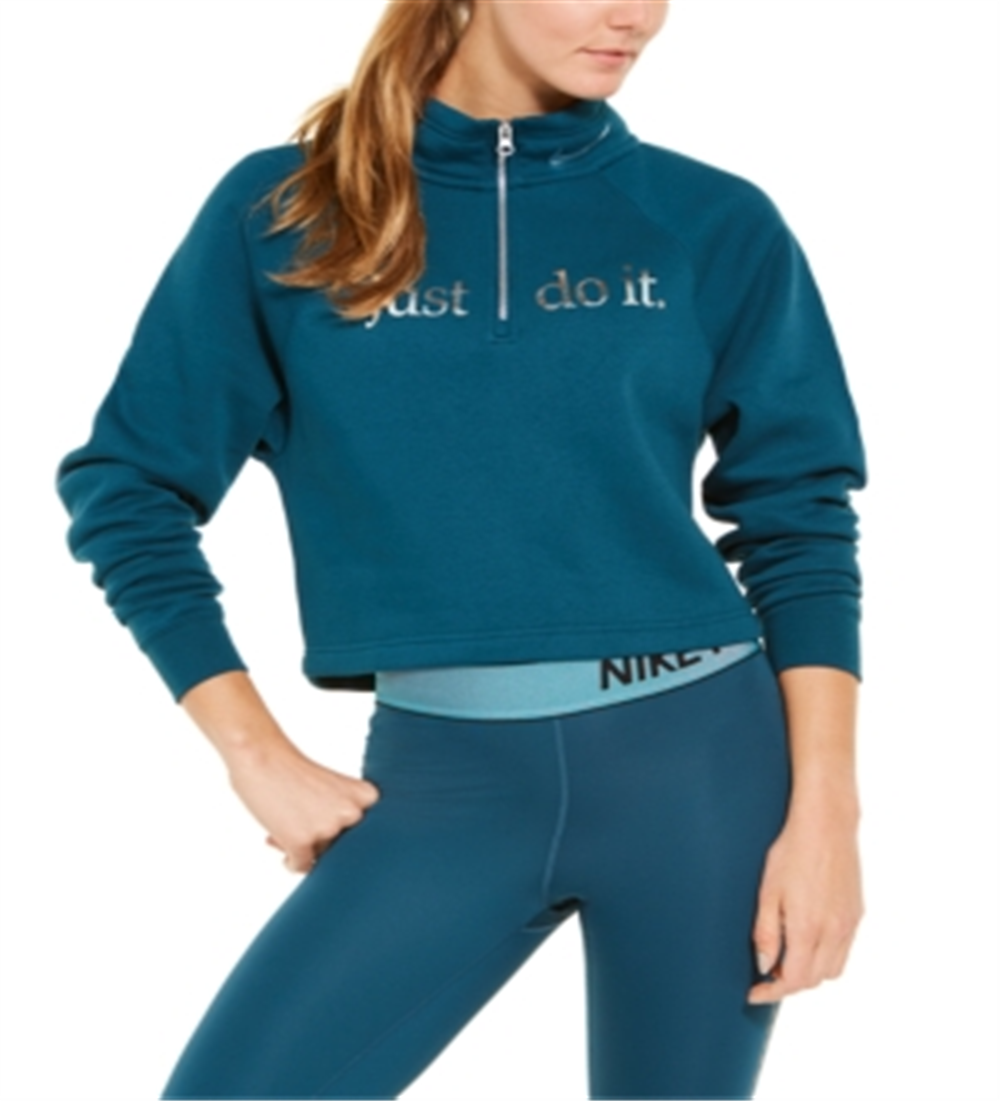 Nike Women's Sportswear Shine Metallic Graphic Half Zip Top Green Size X-Small