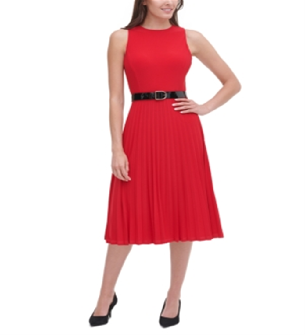 Tommy Hilfiger Women's Belted Jersey Pleated Dress Red Size 10 P