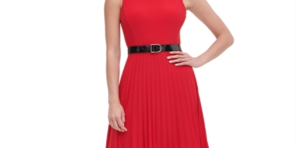 Tommy Hilfiger Women's Belted Jersey Pleated Dress Red Size 10 P