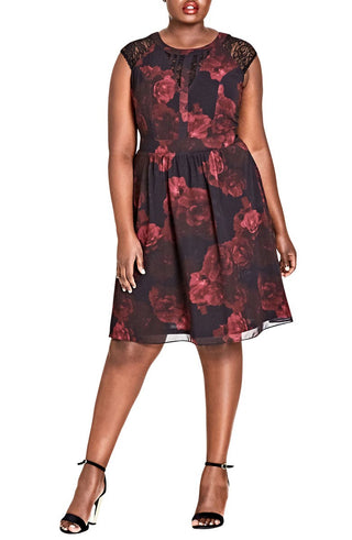 City Chic Women's Trendy Printed Lace Trim Dress Black Size 18W