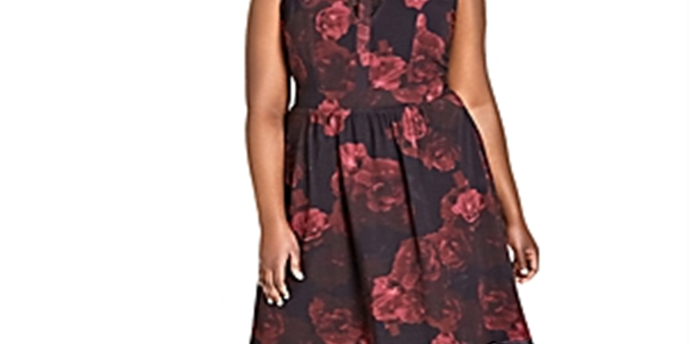 City Chic Women's Trendy Printed Lace Trim Dress Black Size 18W