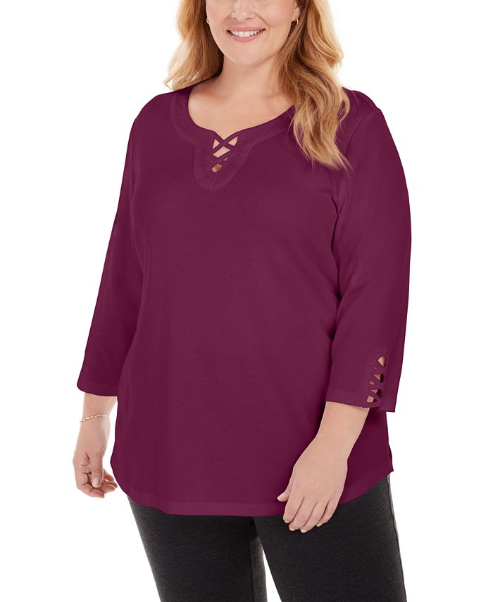 Karen Scott Women's Plus Cotton Crisscross Trim Top Purple Size 3XL