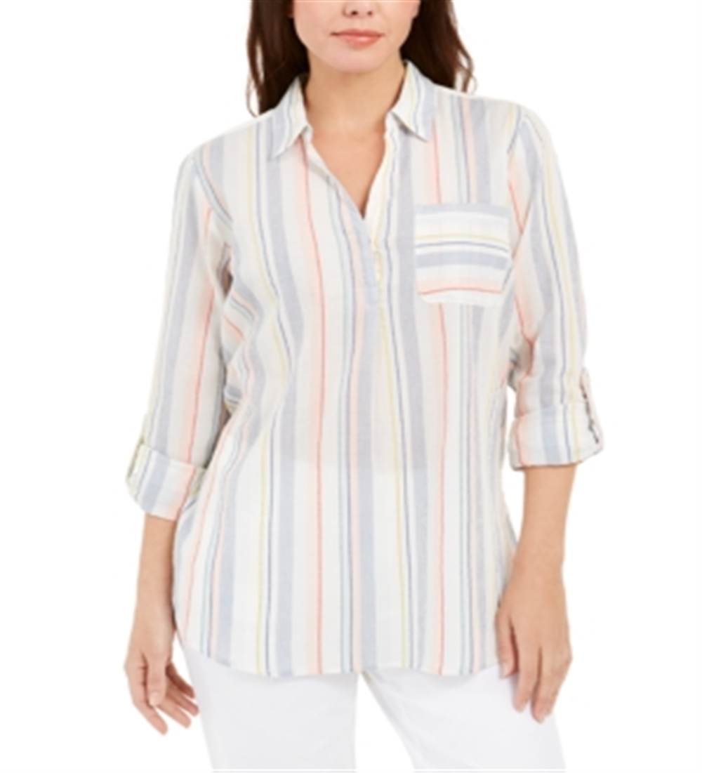 Charter Club Women's Vertical Stripe Popover Top White Size Small