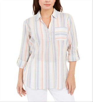 Charter Club Women's Vertical Stripe Popover Top White Size Small